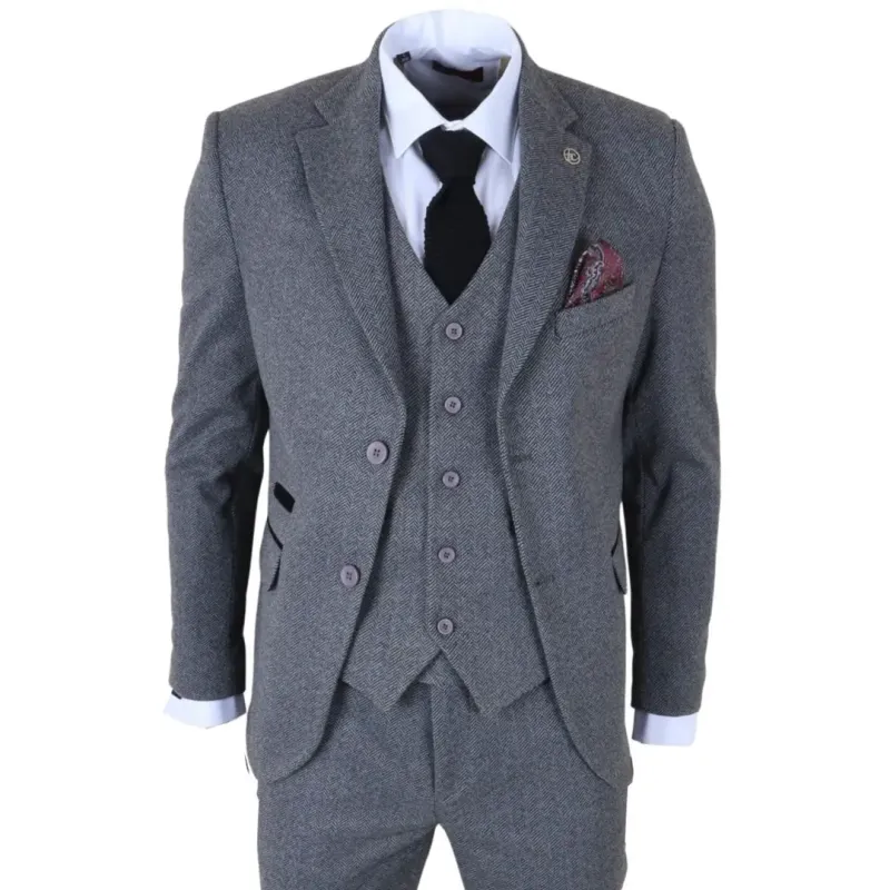 IM41 - Men's Grey 3 Piece Tweed Herringbone Suits made by Tru Clothing