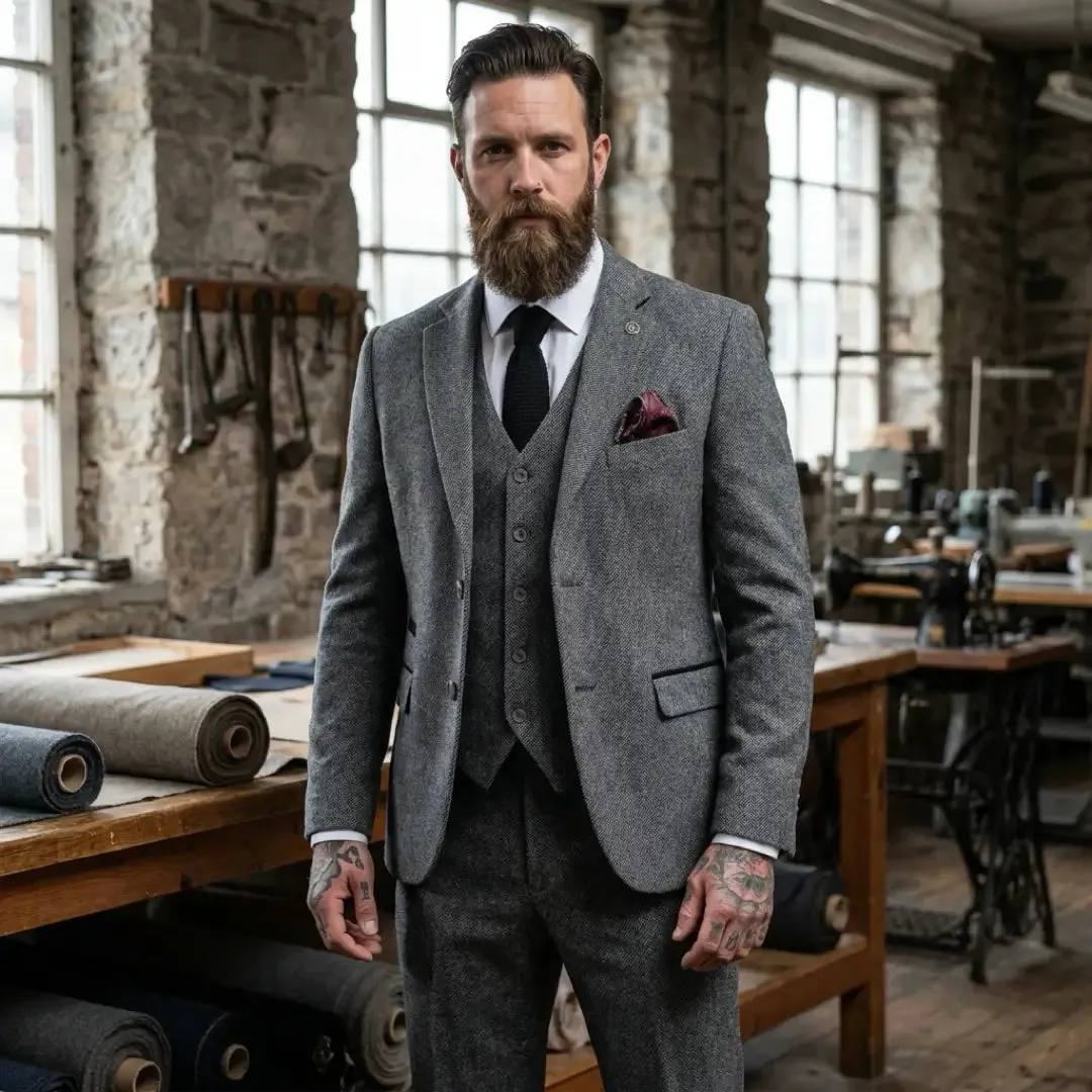 IM41 - Men's Grey 3 Piece Tweed Herringbone Suits sold by Tru Clothing product image thumbnail 2