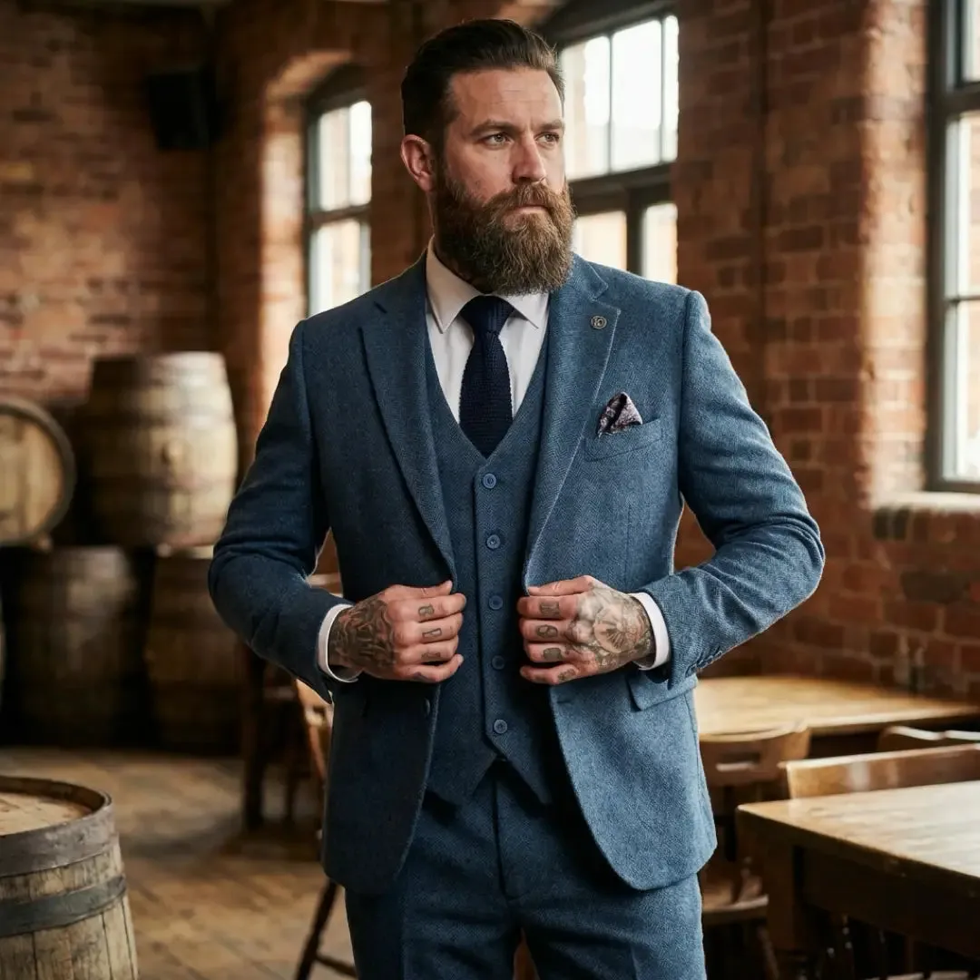 IM40 - Men's Blue 3 Piece Tweed Herringbone Suits sold by Tru Clothing product image thumbnail 2