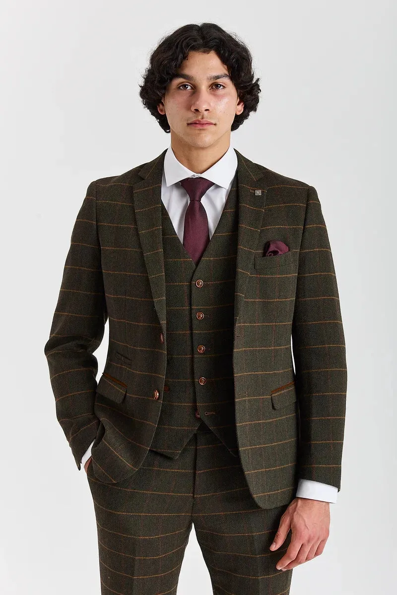 Harris - Men's Green 3 Piece Wool Blend Tweed Suit sold by Tru Clothing