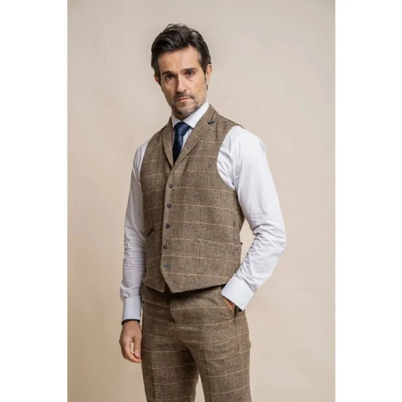 Albert - Men's Tweed Check Tan Waistcoat sold by Tru Clothing