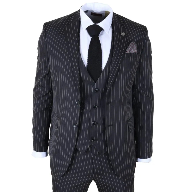 IM45 - Men's Classic Pinstripe 3 Piece Black Suit sold by Tru Clothing