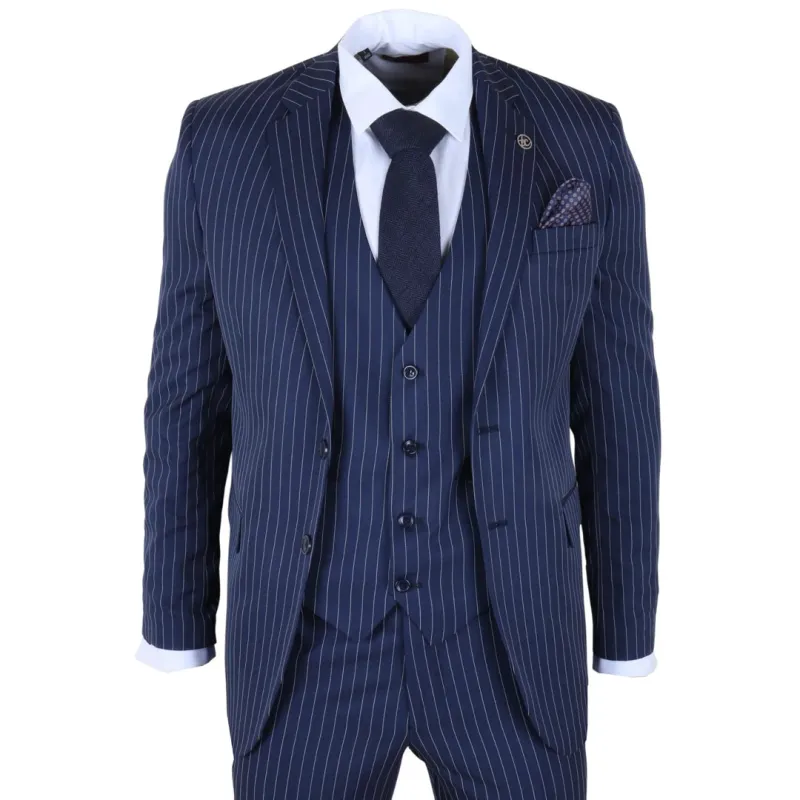 IM43 - Men's Classic Pinstripe 3 Piece Navy Blue Suit sold by Tru Clothing