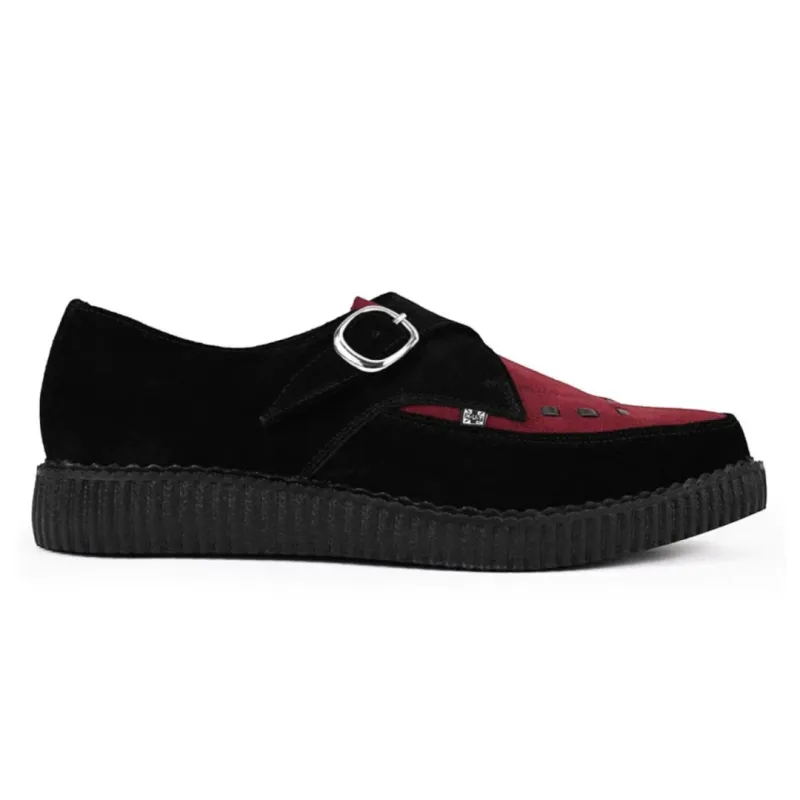 Pointed Creeper Black Burgundy Suede Monk Platform Shoes made by T.U.K
