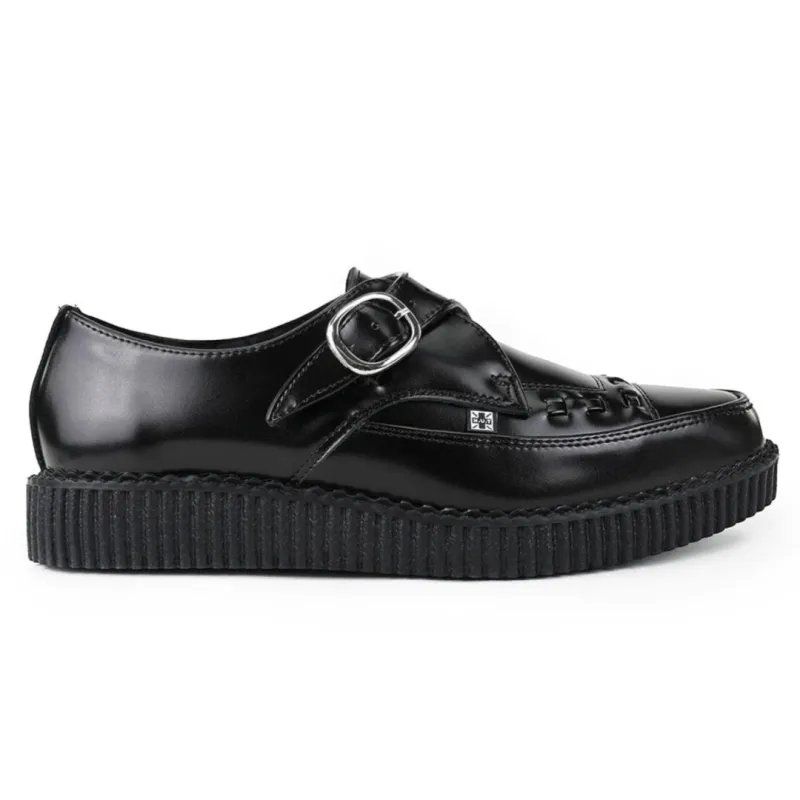 Pointed Creeper Black Leather Monk Buckle Platform Shoes made by T.U.K