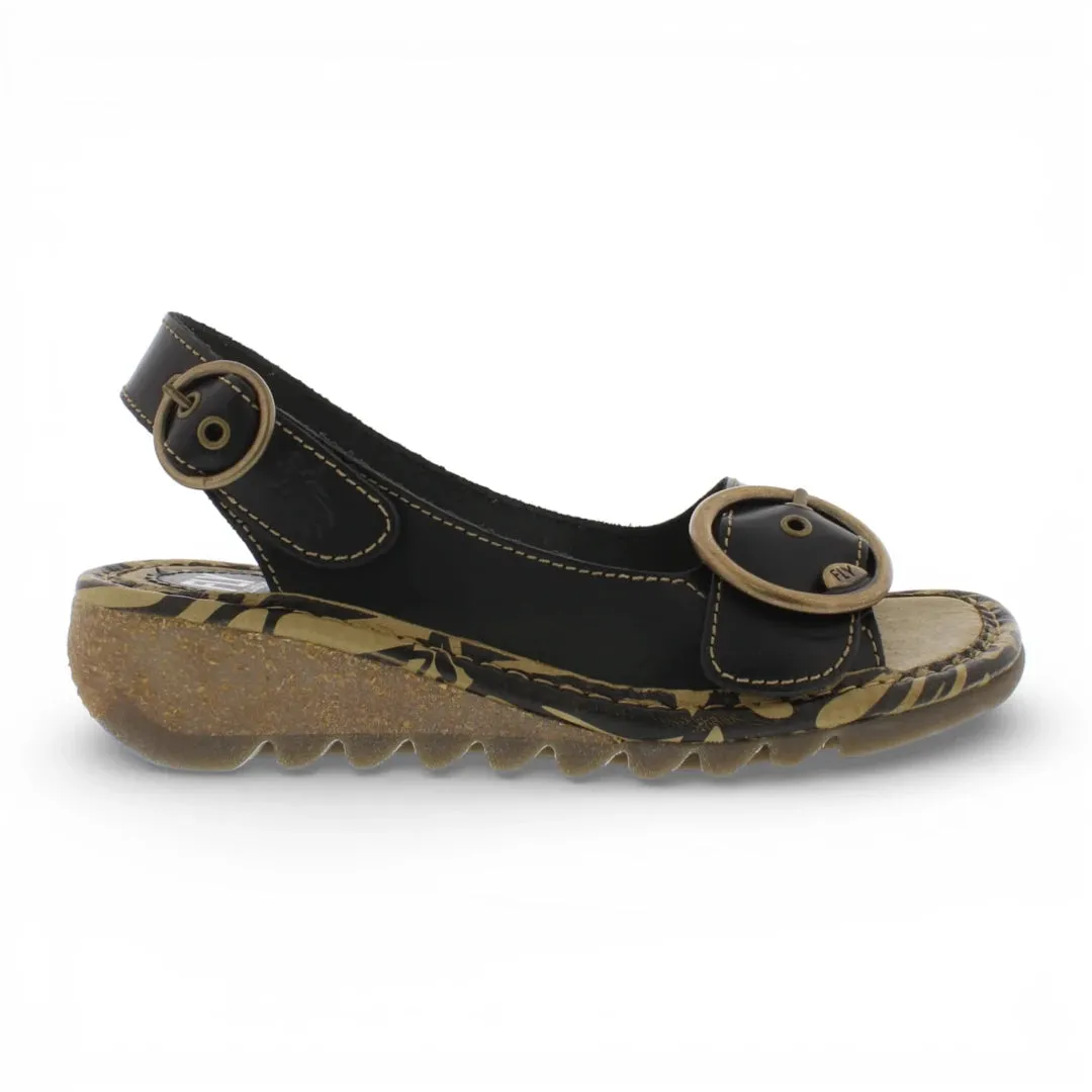 TRAM723FLY - Women’s Black Leather Wedge Sandals sold by Tru Clothing