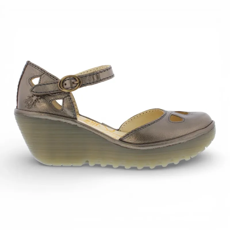 YUNA - Women’s Bronze Brown Leather Wedge Sandals made by Fly London