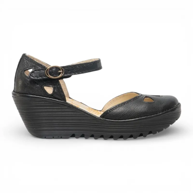 YUNA - Women’s Black Leather Wedge Sandals made by Fly London