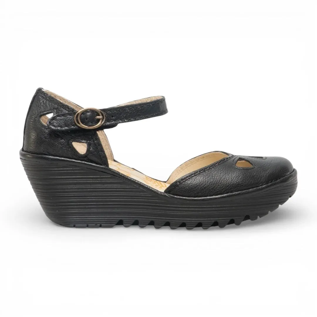 YUNA - Women’s Black Leather Wedge Sandals sold by Tru Clothing