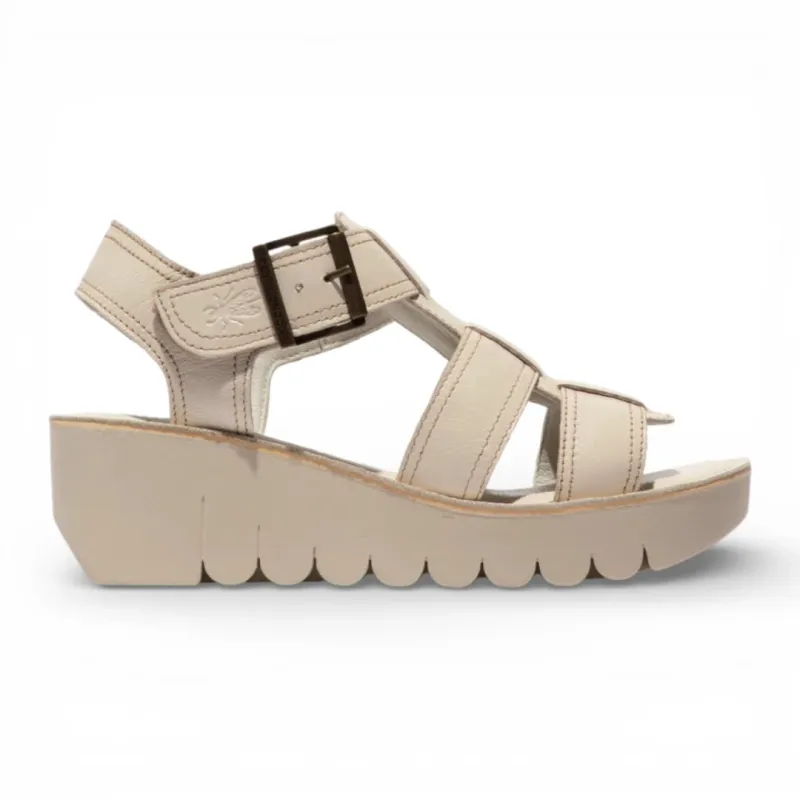 YUDD236FLY - Women’s Off White Leather Wedge Sandals made by Fly London