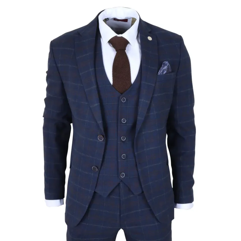 TP-34 - Men's 3 Piece Navy Plaid Check Tailored Fit Suit made by Tru Clothing