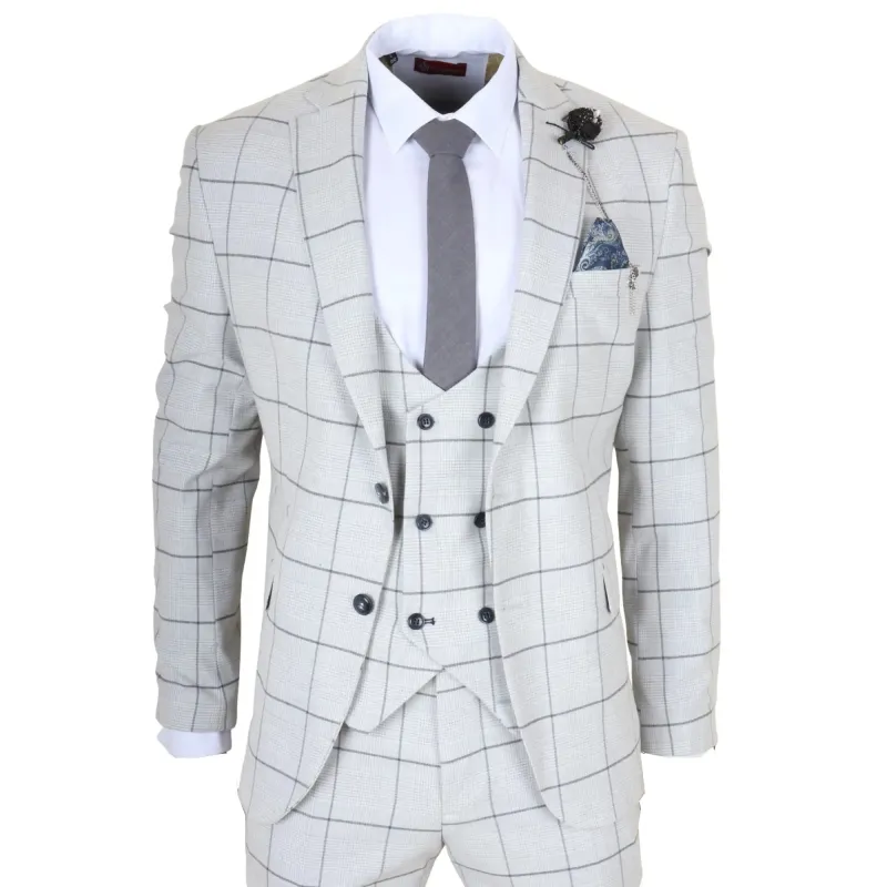 TP-33 - Men's 3 Piece Tailored Fit Grey Plaid Check Suit made by Tru Clothing