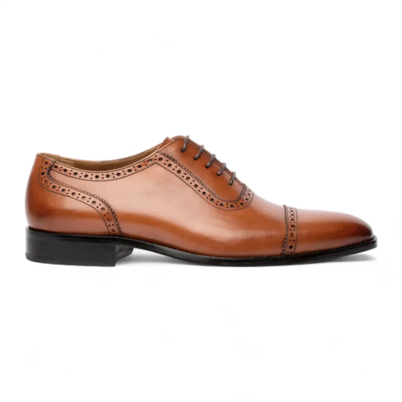 Men's Tan Brown Leather Cap-Toe Oxford Shoes made by Tru Clothing