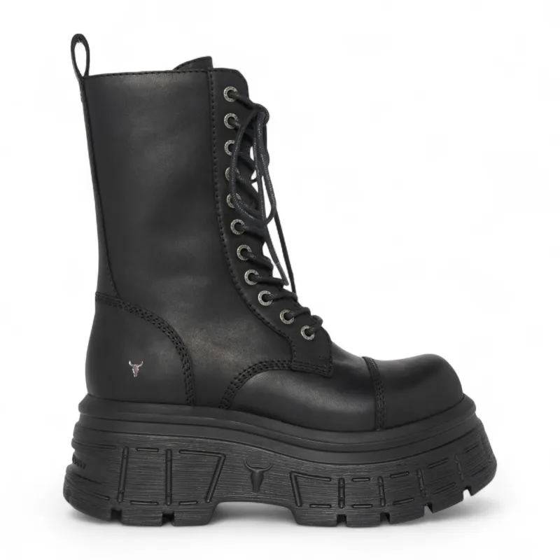 Screaming - Women's Black Mid-Calf Leather Platform Boots made by Windsor Smith