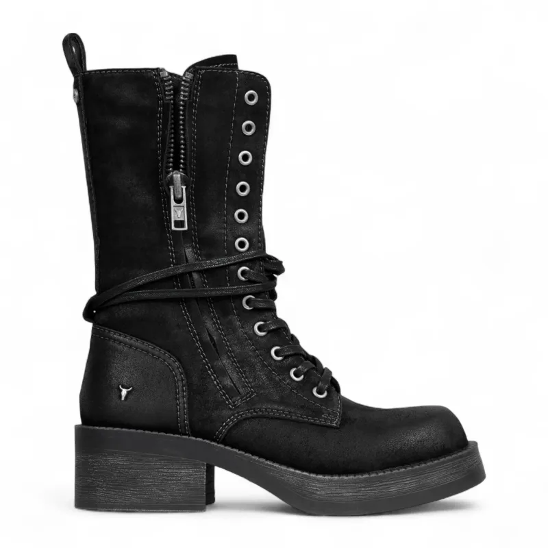Gather - Women's Black Suede Mid-Calf Lace-Up Combat Boots made by Windsor Smith