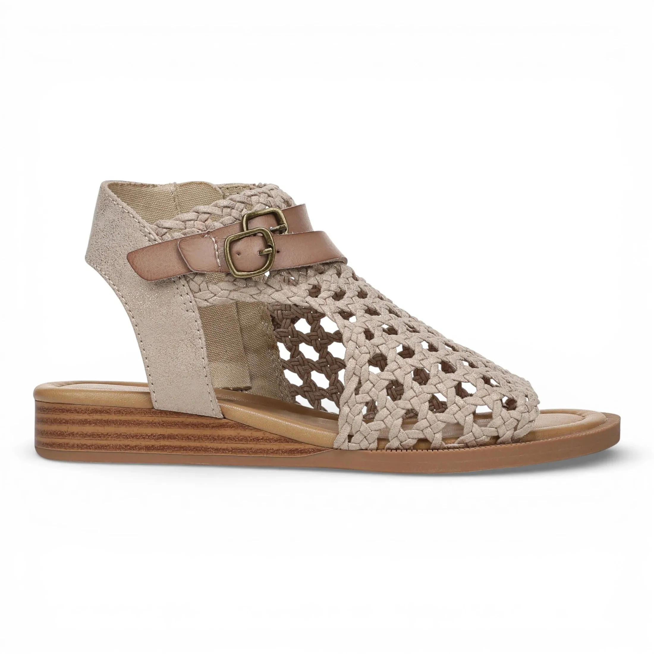 Anuella - Women's Golden Beige Weave Micro Wedge Sandals sold by Tru Clothing