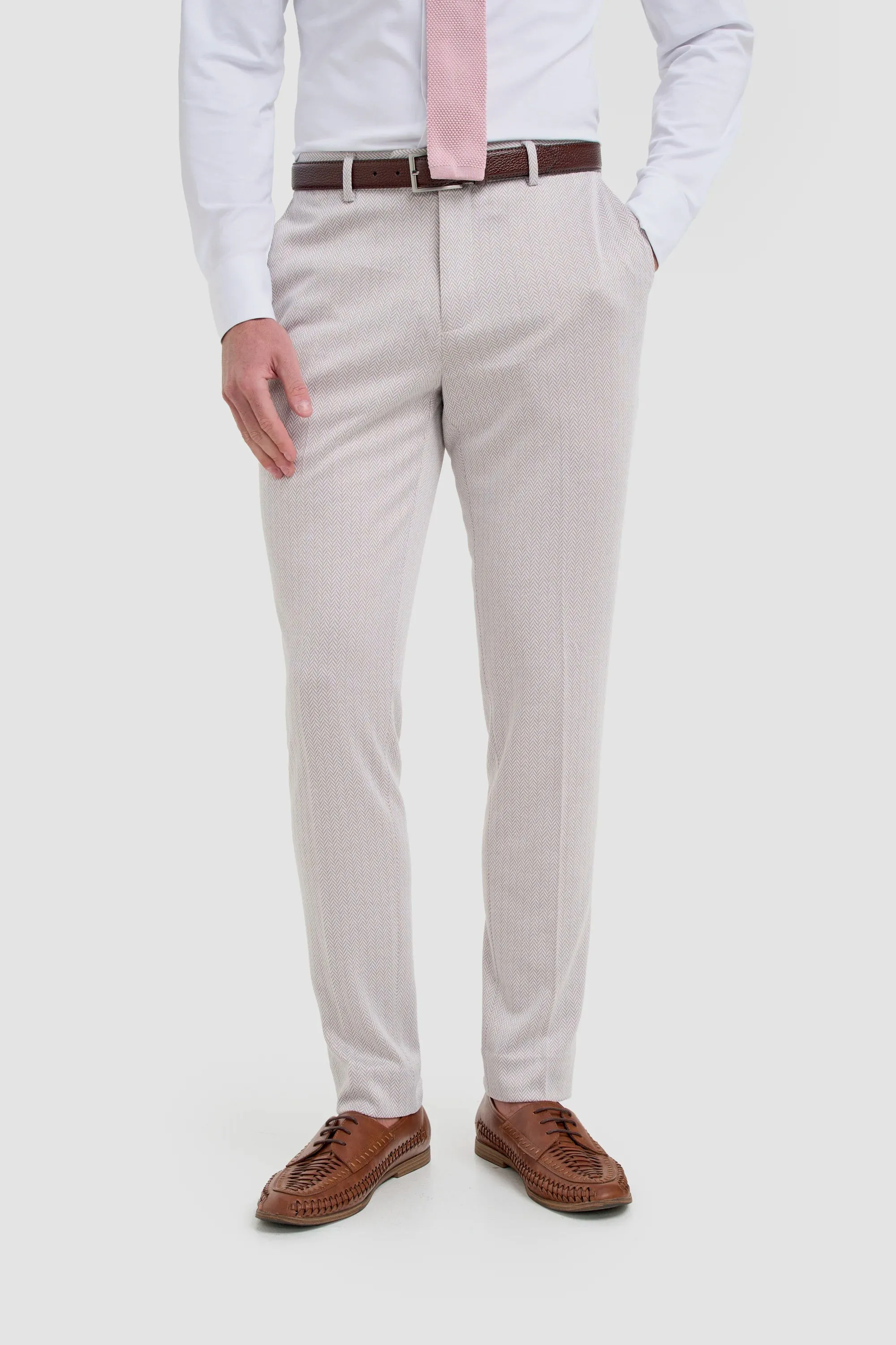 Vasco - Men's Beige Herringbone Trousers sold by Tru Clothing
