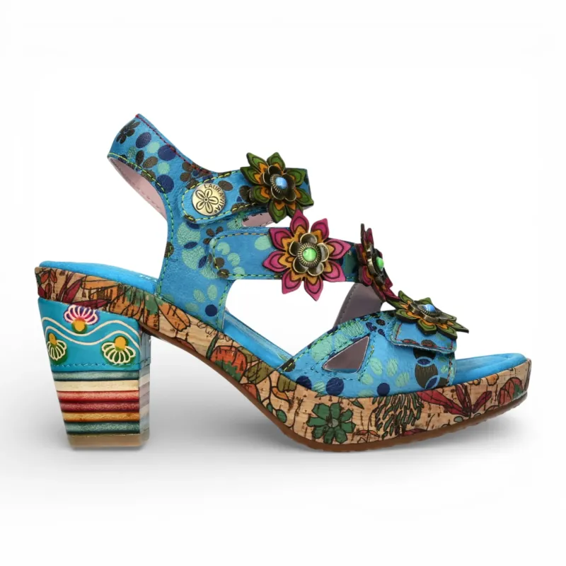 Nellao 33 - Women's Blue Floral Leather Wedge Sandals made by Tru Clothing