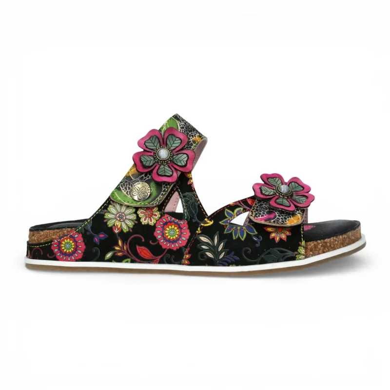 Brcyano 32 - Women's Black Floral Leather Strappy Slipper made by Tru Clothing
