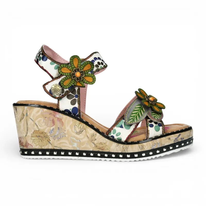 Ballon 08 - Women's Beige Floral Leather Wedge Sandals made by Tru Clothing