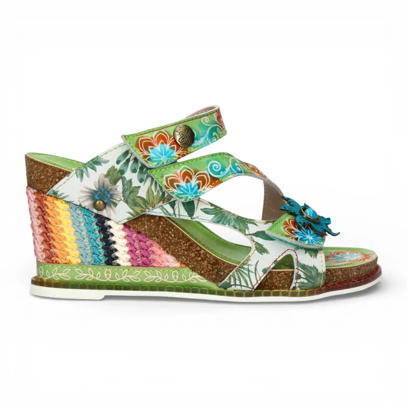 Balade 32 - Women's Vert Green Floral Leather Wedge Sandals made by Tru Clothing