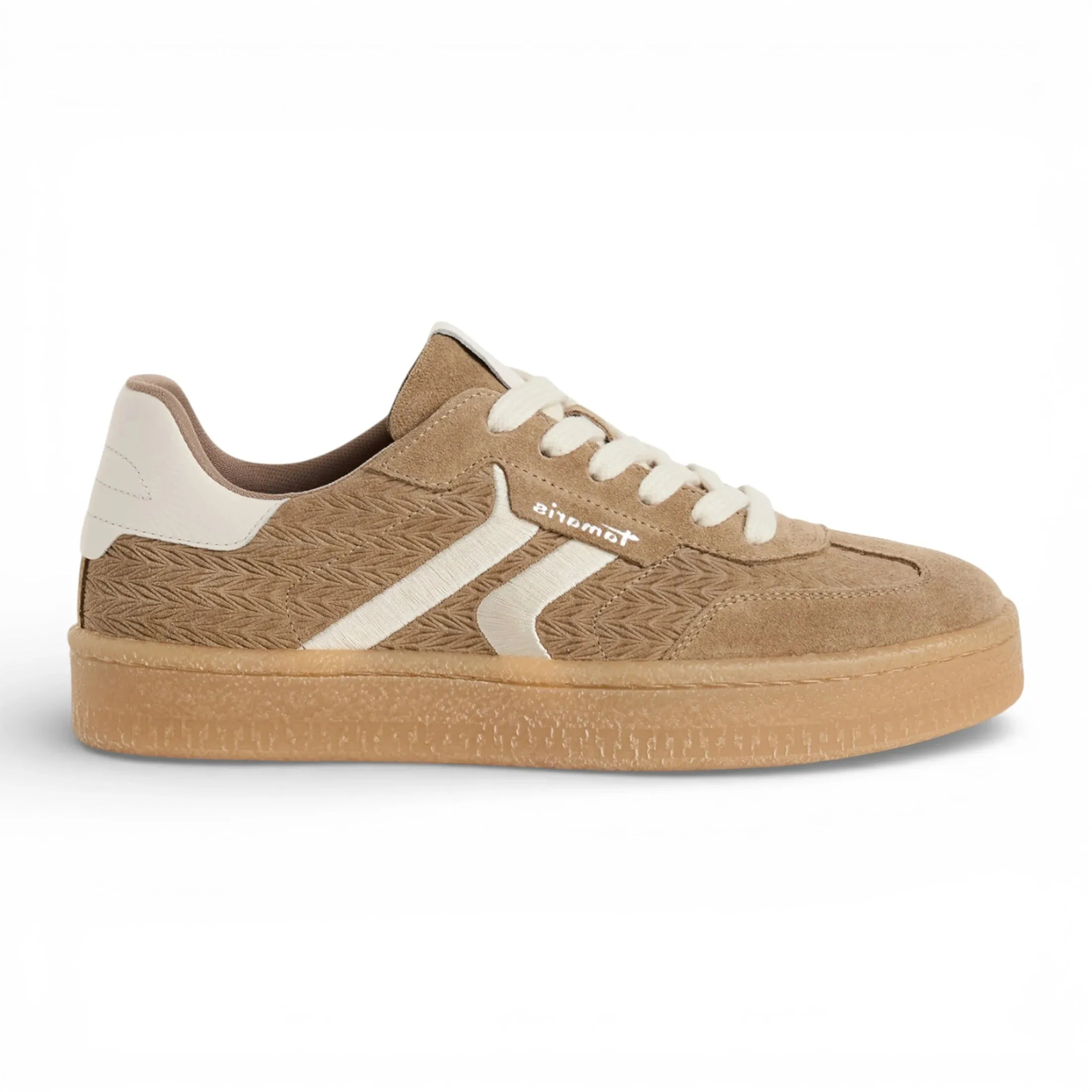 Women's Taupe Leather White Stripes Sneakers sold by Tru Clothing