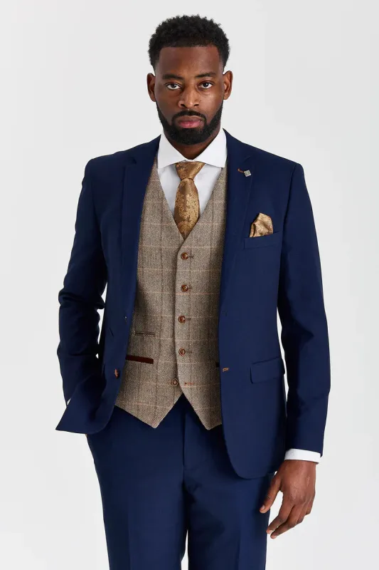 Mayfair Navy Textured Suit with Harris Brown Tweed Waistcoat made by Paul Andrew