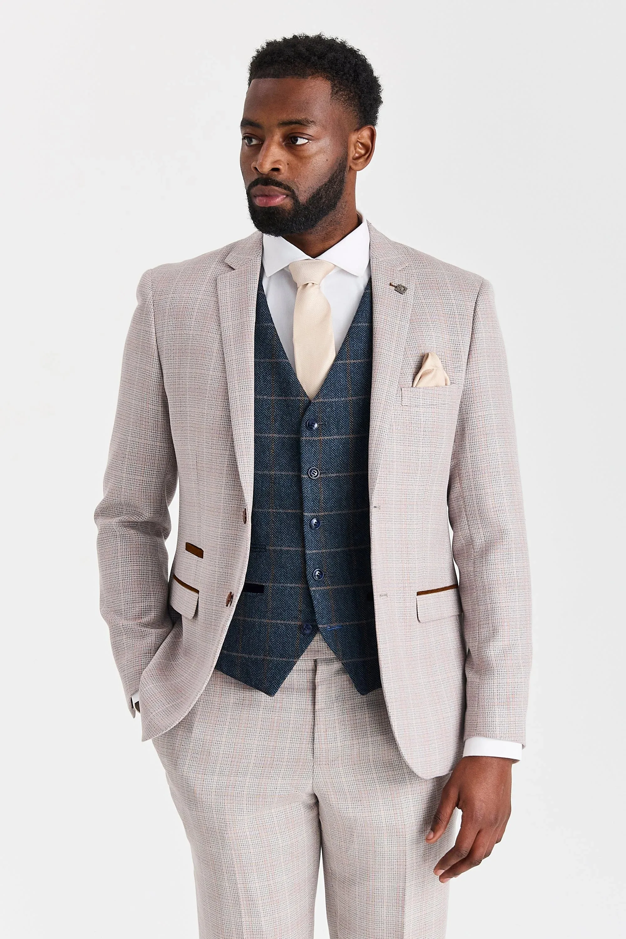 Leo Beige Suit with Harris Navy Tweed Waistcoat sold by Tru Clothing