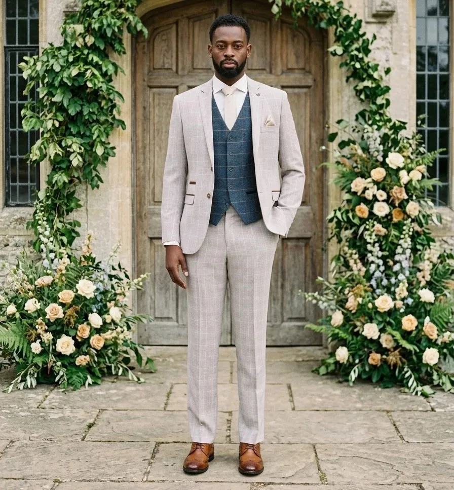 Leo Beige Suit with Harris Navy Tweed Waistcoat sold by Tru Clothing product image thumbnail 2
