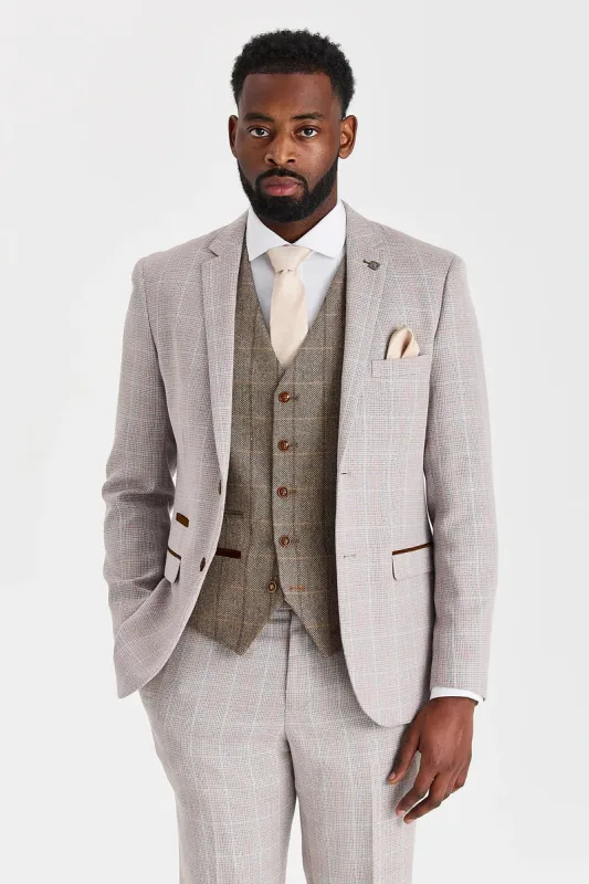 Leo Beige Suit with Harris Brown Tweed Waistcoat made by Paul Andrew