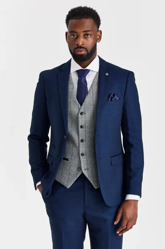 Arthur Navy Suit with Harris Grey Tweed Waistcoat made by Paul Andrew
