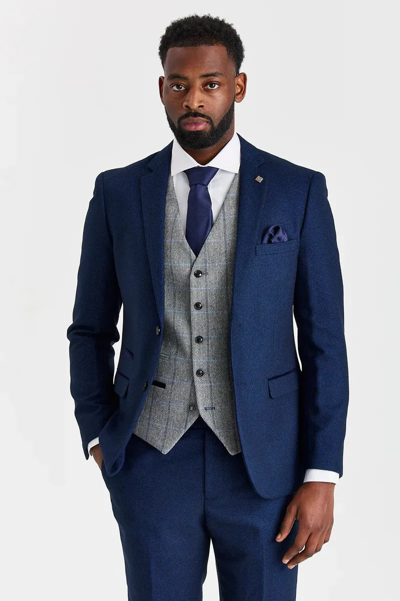 Arthur Navy Suit with Harris Grey Tweed Waistcoat sold by Tru Clothing