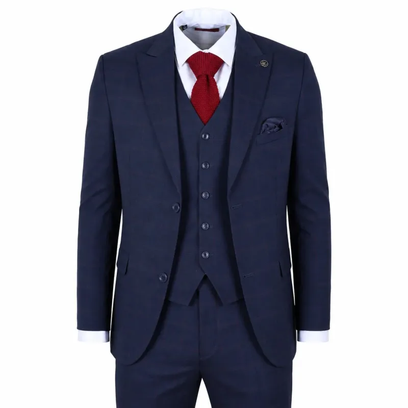 IM54 - Men's Navy Blue Check Tailored Fit 3 Piece Suit made by Tru Clothing
