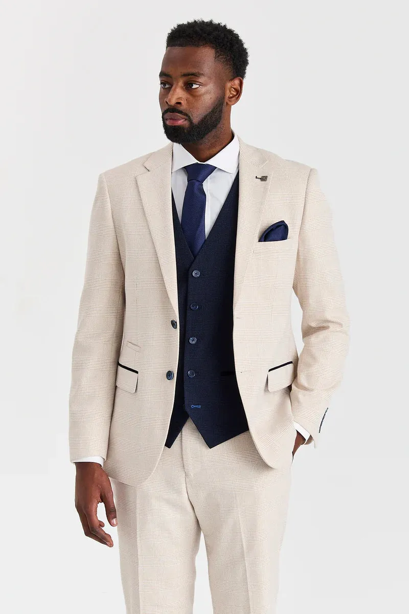 Regent Cream Check Suit with Regent Navy Waistcoat sold by Tru Clothing
