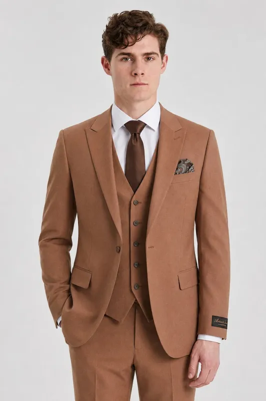Men's Camel Brown 3 Piece Tailored Fit Suit made by Tru Clothing