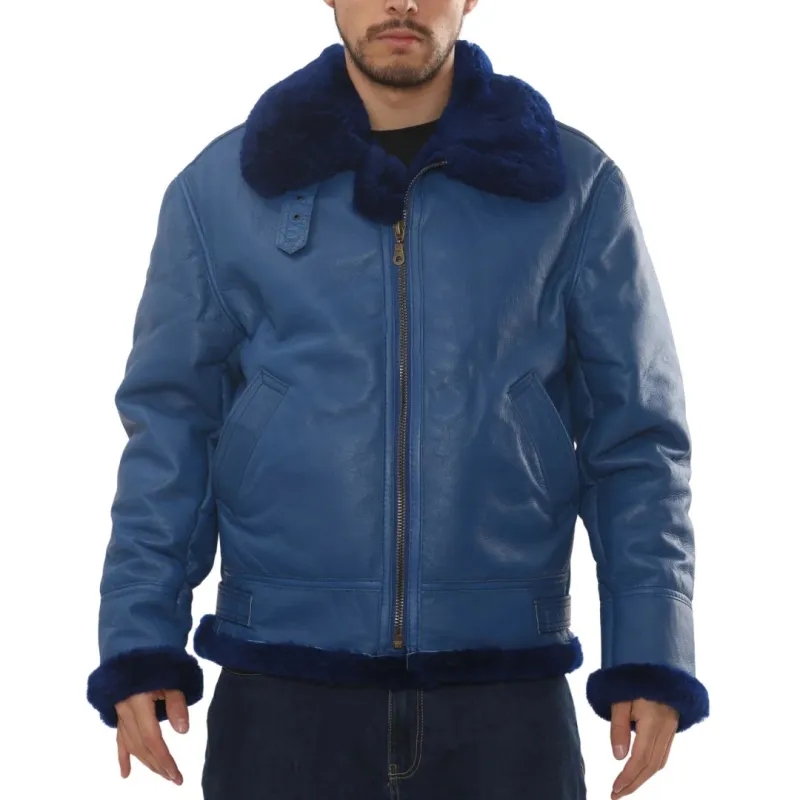 Men's Blue Shearling Leather B3 Aviator Jacket made by Tru Clothing