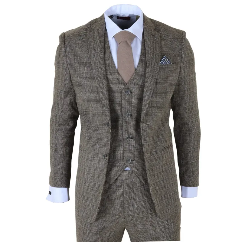 Parker - Men's Tan Brown Classic Check Slim Fit 3 Piece Suit made by Tru Clothing