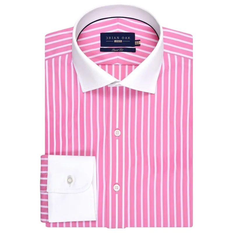 Men's Flamingo Pink Striped Contrast Collar Shirt made by Tru Clothing
