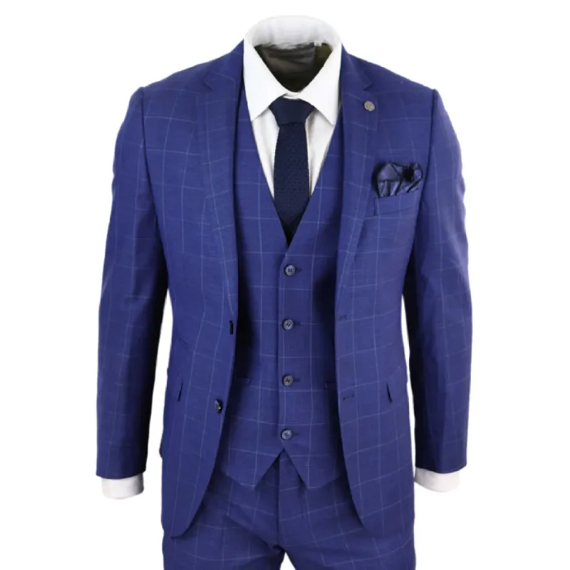 Rover - Men's 3 Piece Suit Royal Blue Prince Of Wales Check Suit Classic Wedding Formal sold by Tru Clothing