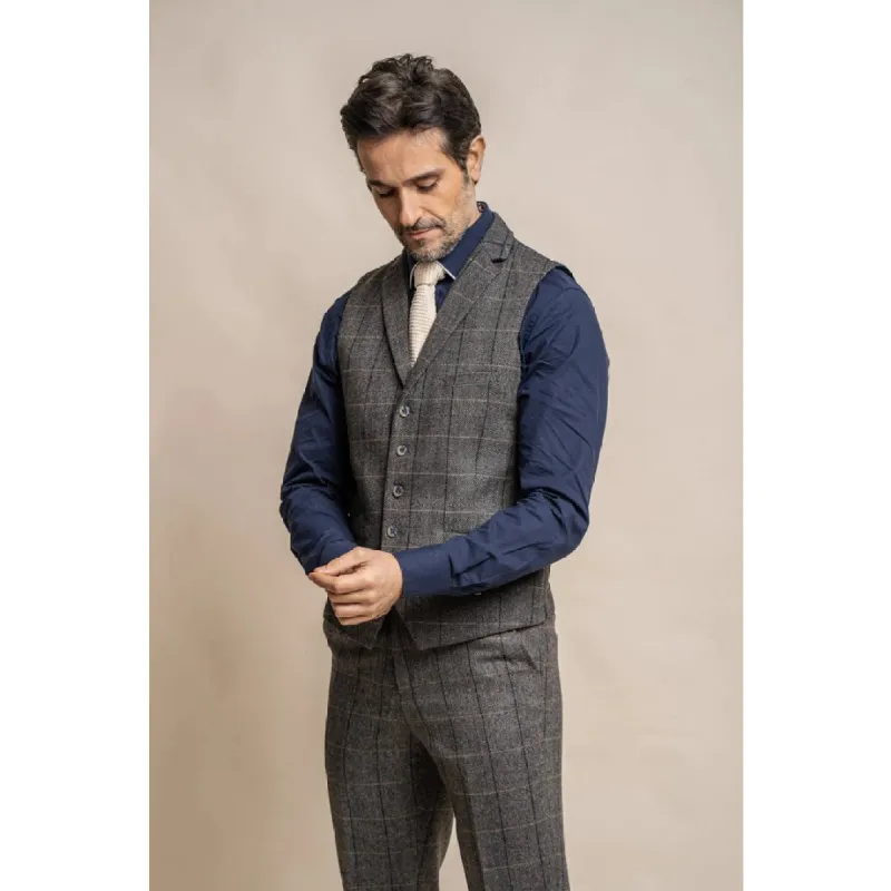 Albert - Men's Tweed Check Grey Waistcoat sold by Tru Clothing