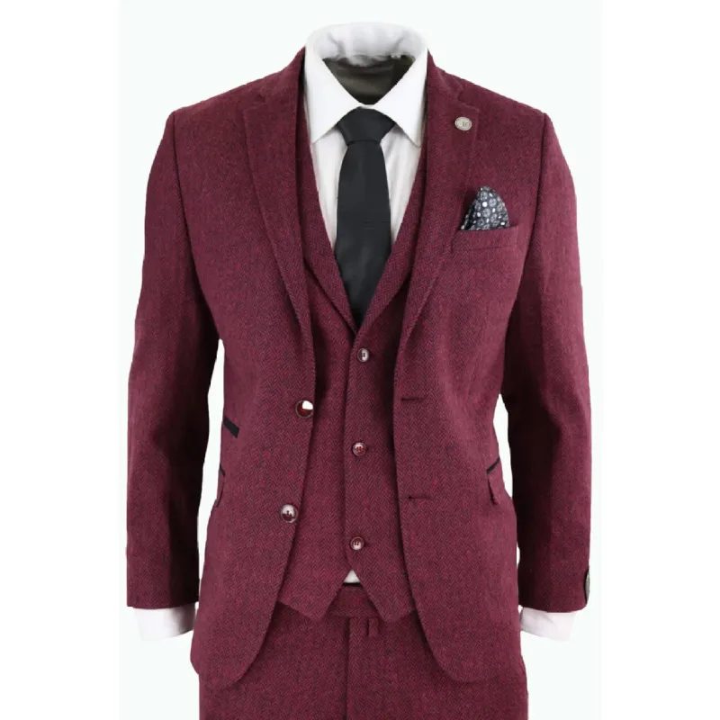STZ11 - Men's Wool 3 Piece Suit Tweed Burgundy Black Classic sold by Tru Clothing