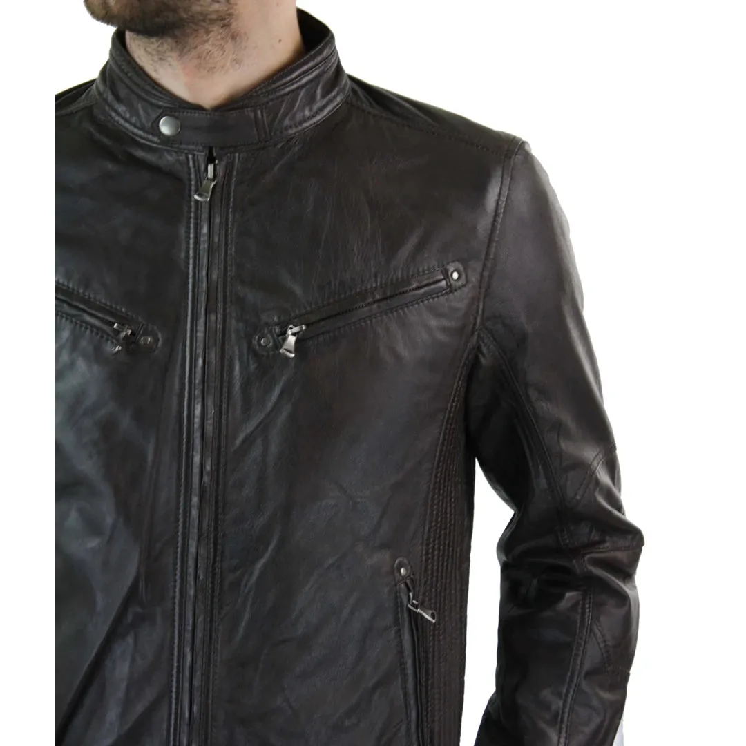 Men's Zipped Leather Biker Jacket Black Tan Brown sold by Tru Clothing product image thumbnail 3