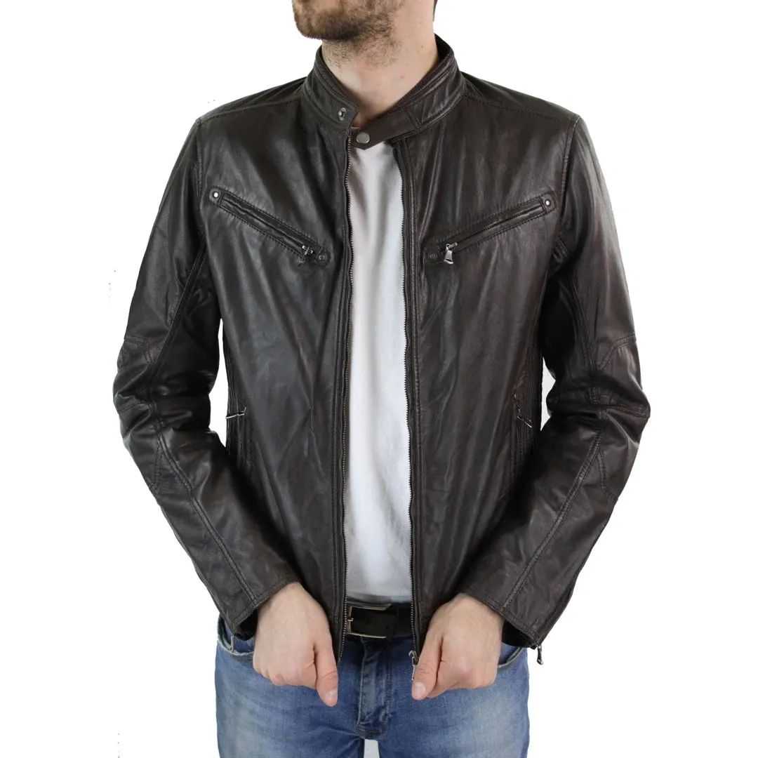 Men's Zipped Leather Biker Jacket Black Tan Brown sold by Tru Clothing product image thumbnail 2
