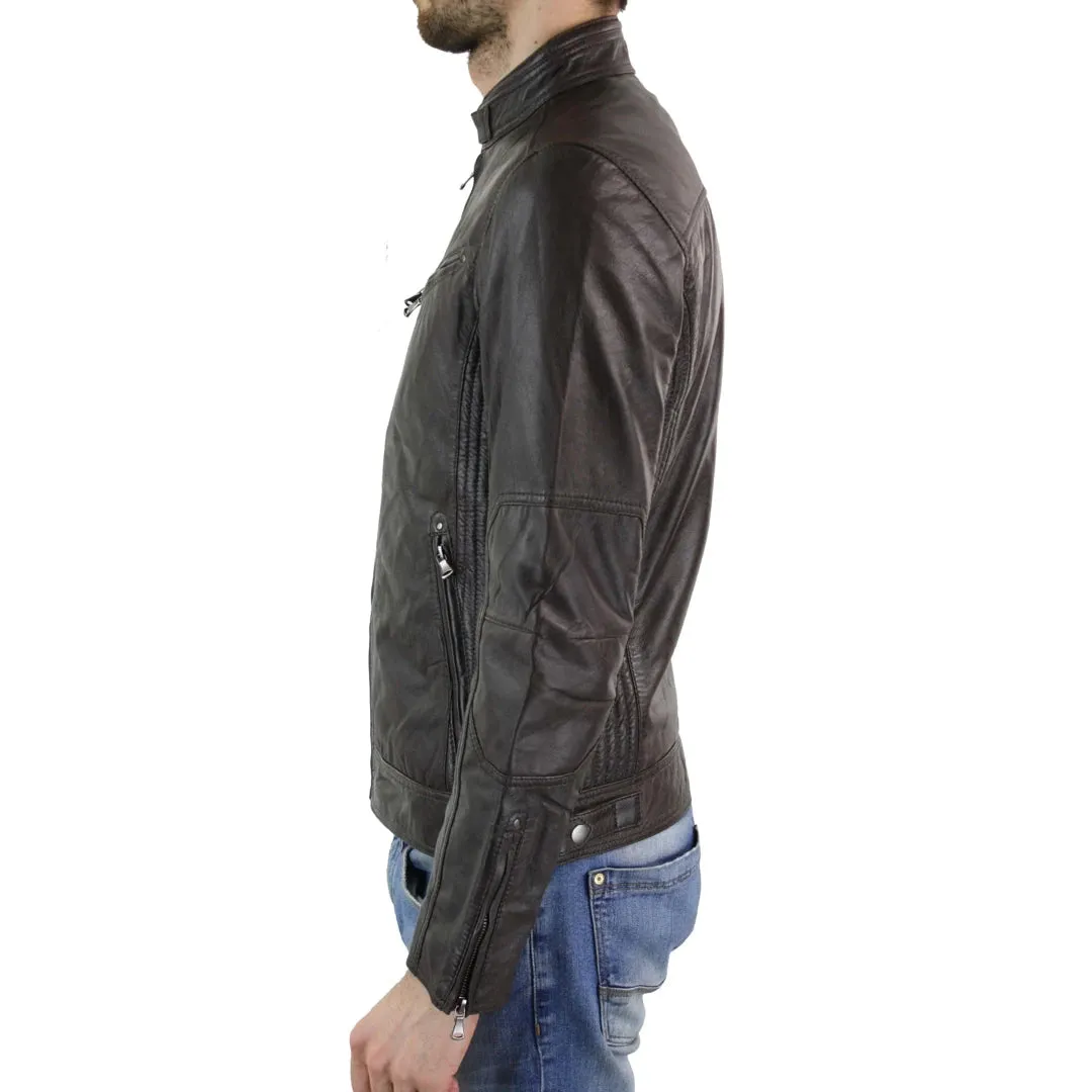 Men's Zipped Leather Biker Jacket Black Tan Brown sold by Tru Clothing product image thumbnail 4