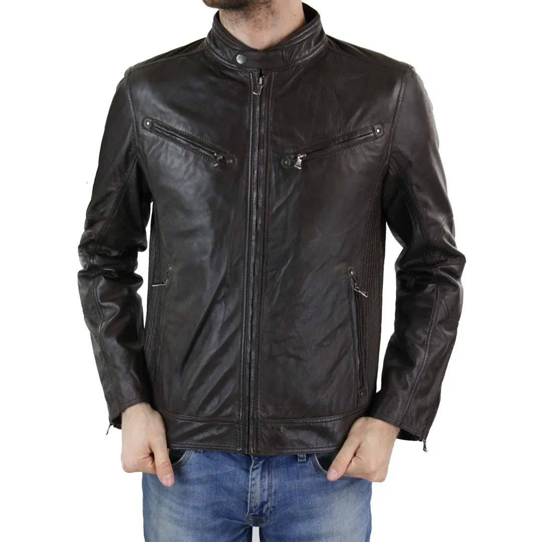 Men's Zipped Leather Biker Jacket Black Tan Brown sold by Tru Clothing