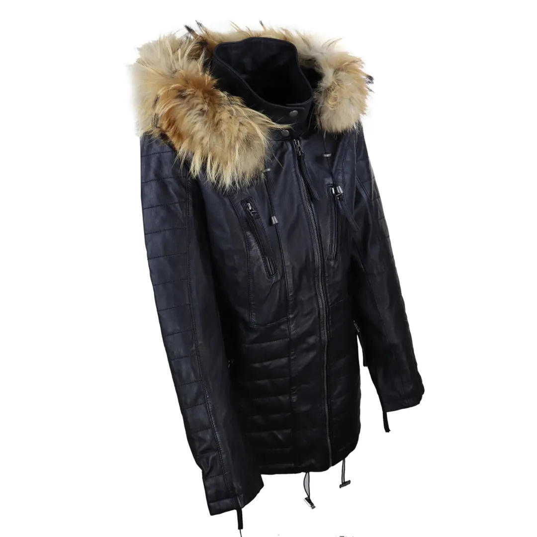 Women's Leather Black Trench Mid Length Hood Raccoon Fur Winter Jacket sold by Tru Clothing product image thumbnail 4