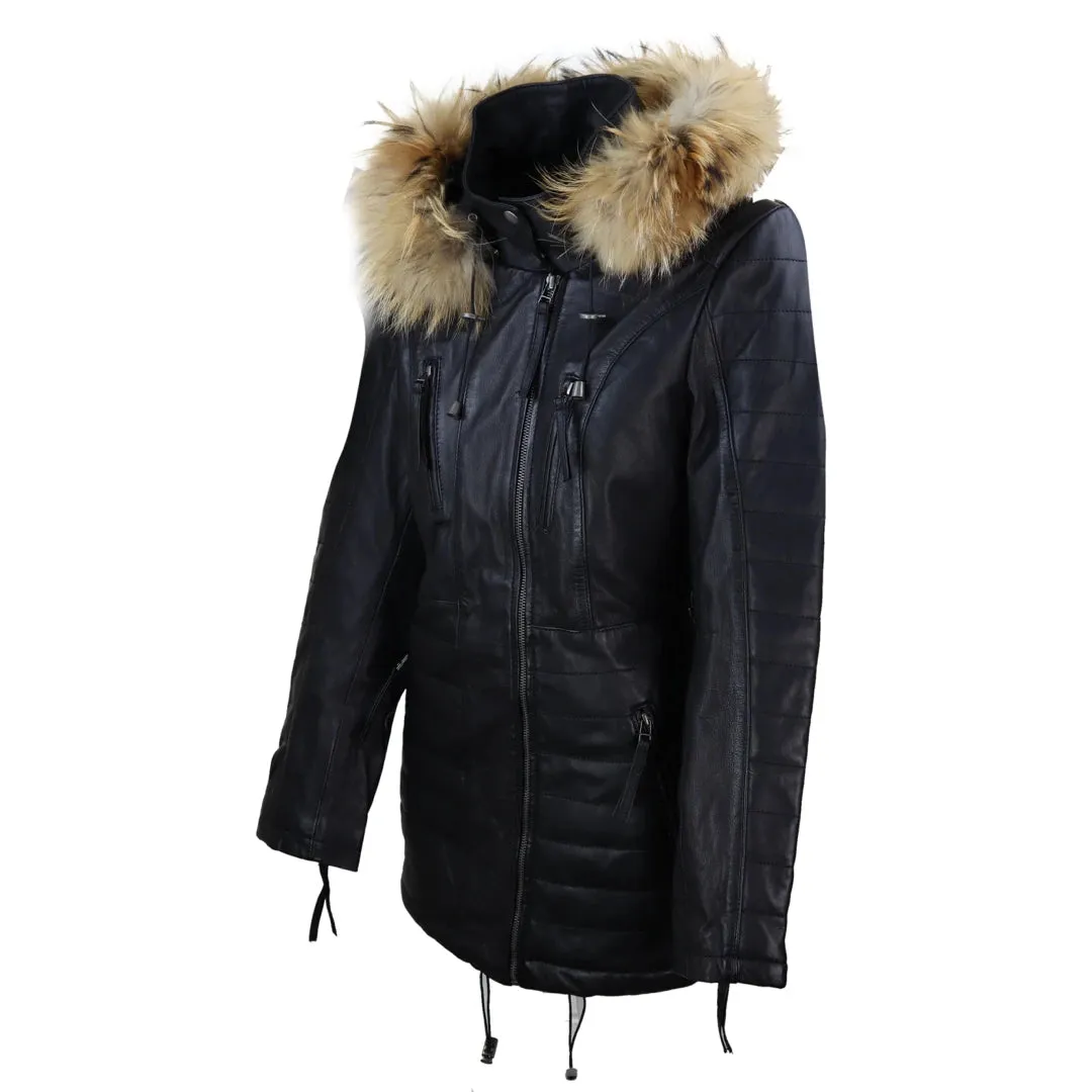 Women's Leather Black Trench Mid Length Hood Raccoon Fur Winter Jacket sold by Tru Clothing product image thumbnail 3