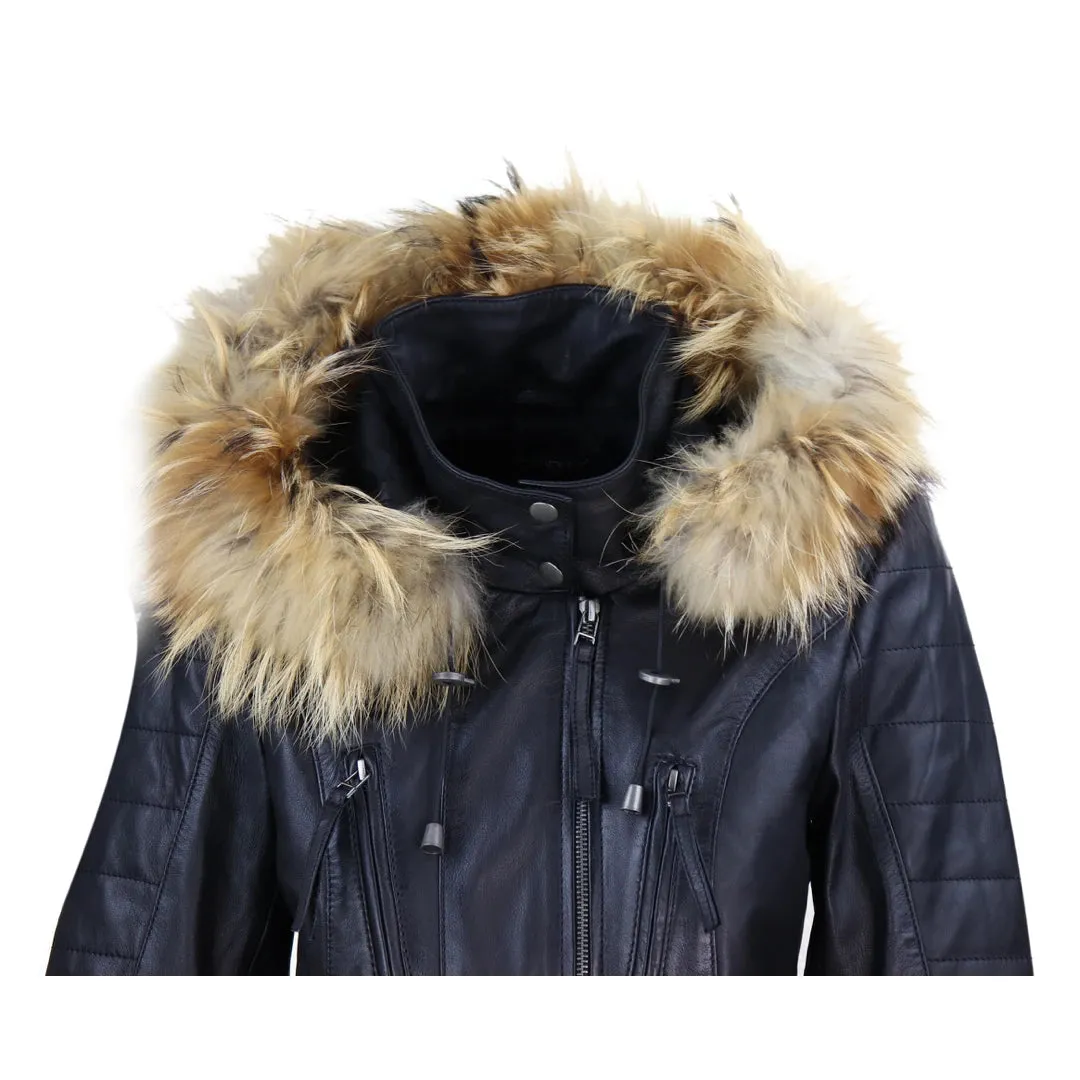 Women's Leather Black Trench Mid Length Hood Raccoon Fur Winter Jacket sold by Tru Clothing product image thumbnail 2