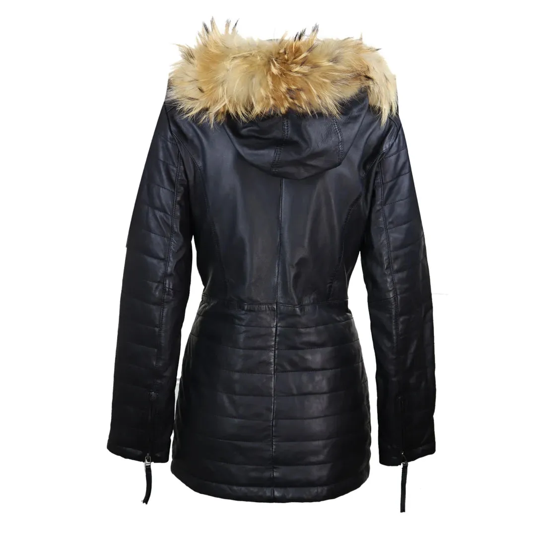 Women's Leather Black Trench Mid Length Hood Raccoon Fur Winter Jacket sold by Tru Clothing product image thumbnail 5