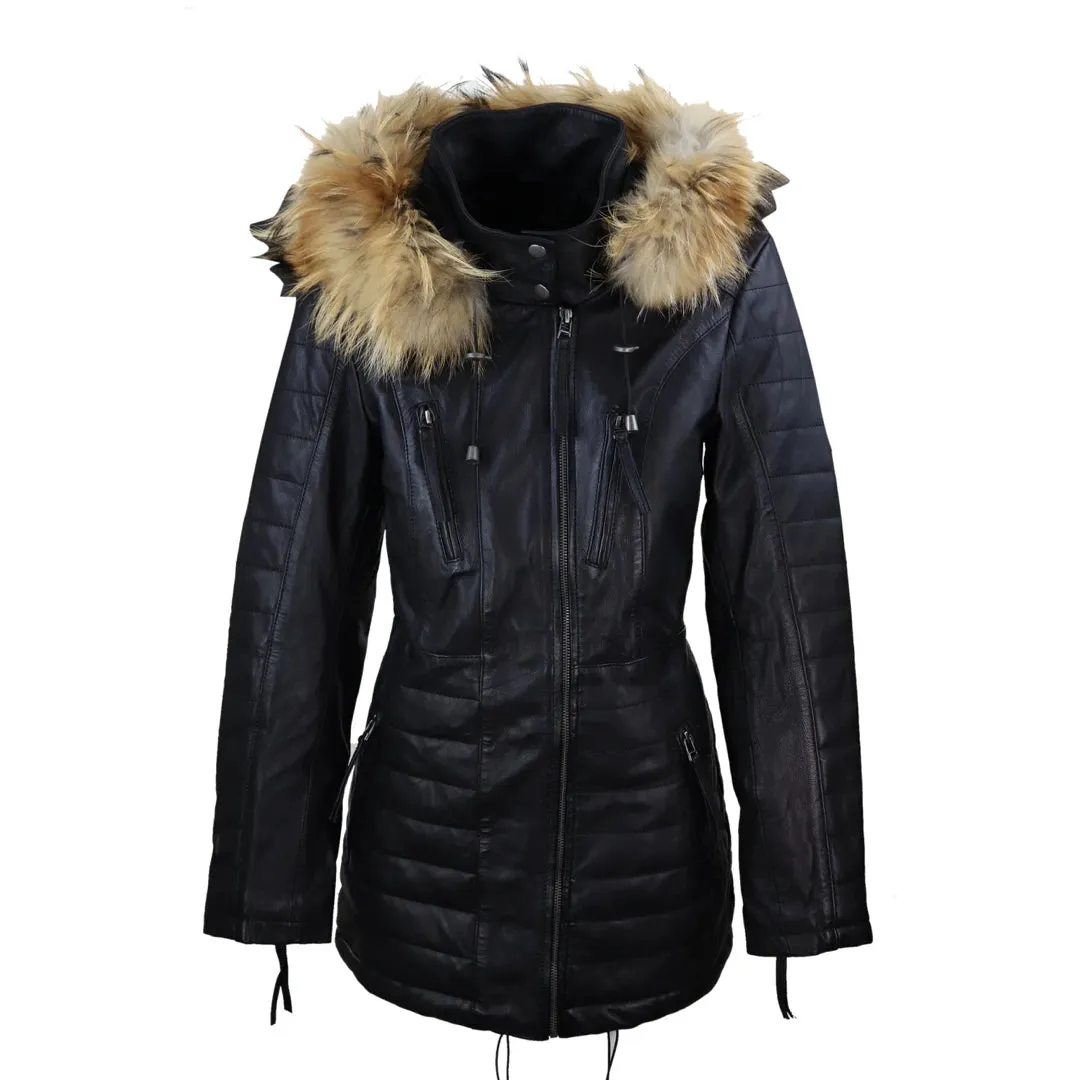 Women's Leather Black Trench Mid Length Hood Raccoon Fur Winter Jacket sold by Tru Clothing